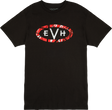 The image shows a black t-shirt with the "EVH" logo in red, white, and black within an oval on the chest. EVH is Eddie Van Halen’s guitar brand, known for electric guitars and gear inspired by the legendary guitarist. This branded apparel represents merchandise from the musical instrument industry, allowing fans to connect with the artist and guitar community.