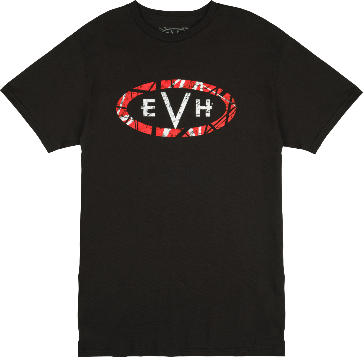 The image shows a black t-shirt with the "EVH" logo in red, white, and black within an oval on the chest. EVH is Eddie Van Halen’s guitar brand, known for electric guitars and gear inspired by the legendary guitarist. This branded apparel represents merchandise from the musical instrument industry, allowing fans to connect with the artist and guitar community.