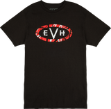 The image shows a black t-shirt with the "EVH" logo in red, white, and black within an oval on the chest. EVH is Eddie Van Halen’s guitar brand, known for electric guitars and gear inspired by the legendary guitarist. This branded apparel represents merchandise from the musical instrument industry, allowing fans to connect with the artist and guitar community.