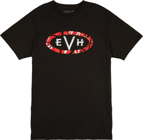 The image shows a black t-shirt with the "EVH" logo in red, white, and black within an oval on the chest. EVH is Eddie Van Halen’s guitar brand, known for electric guitars and gear inspired by the legendary guitarist. This branded apparel represents merchandise from the musical instrument industry, allowing fans to connect with the artist and guitar community.