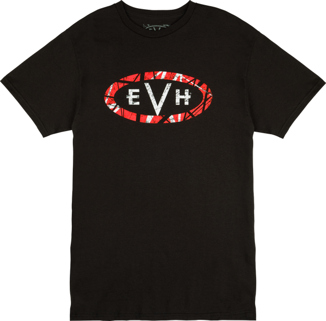 The image shows a black t-shirt with the "EVH" logo in red, white, and black within an oval on the chest. EVH is Eddie Van Halen’s guitar brand, known for electric guitars and gear inspired by the legendary guitarist. This branded apparel represents merchandise from the musical instrument industry, allowing fans to connect with the artist and guitar community.
