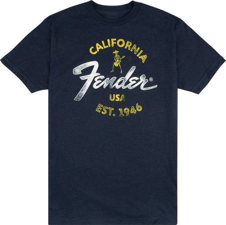 The image shows a navy blue Fender t-shirt featuring the iconic Fender logo. The design includes yellow "CALIFORNIA" text, the classic white Fender script, a small vintage-style skeleton guitarist graphic, "USA," and "EST. 1946." This branded apparel represents Fender, a legendary guitar and amplifier maker founded in California in 1946, popular among musicians and music fans.