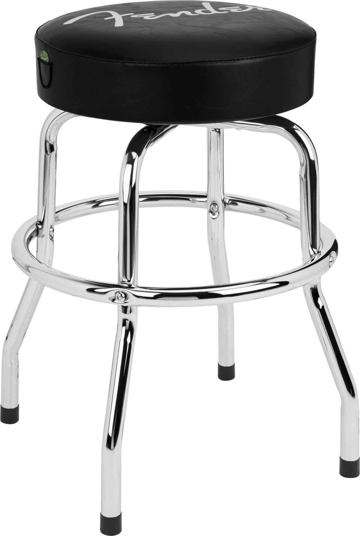 The image shows a Fender barstool with a round, padded black vinyl seat featuring the white Fender logo. It has a chrome steel frame with four legs, a circular footrest, and rubber caps on the feet to protect floors. Styled like a classic diner stool, it’s popular among musicians for practice or studios, combining functionality with iconic Fender branding.