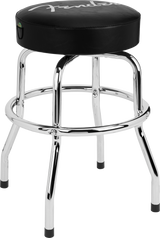 The image shows a Fender barstool with a round, padded black vinyl seat featuring the white Fender logo. It has a chrome steel frame with four legs, a circular footrest, and rubber caps on the feet to protect floors. Styled like a classic diner stool, it’s popular among musicians for practice or studios, combining functionality with iconic Fender branding.