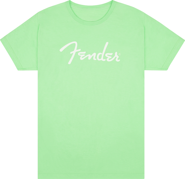 The image shows a light green t-shirt with the iconic white "Fender" logo across the chest. Fender is a legendary musical instrument brand known for classic electric guitars like the Stratocaster and Telecaster, as well as amplifiers. This official Fender apparel allows musicians and fans to express their connection to the brand beyond instruments.