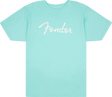 The image shows a light turquoise/mint green t-shirt with the "Fender" logo in white script across the chest. Fender is a renowned music brand known for iconic guitars like the Stratocaster and Telecaster, as well as basses and amplifiers. This branded apparel represents merchandise that promotes Fender among musicians and music fans.