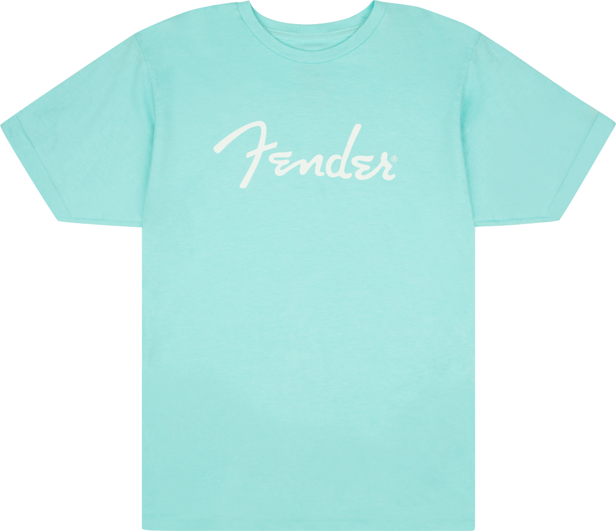 The image shows a light turquoise/mint green t-shirt with the "Fender" logo in white script across the chest. Fender is a renowned music brand known for iconic guitars like the Stratocaster and Telecaster, as well as basses and amplifiers. This branded apparel represents merchandise that promotes Fender among musicians and music fans.