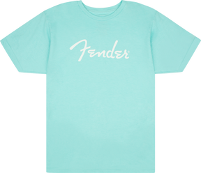 The image shows a light turquoise/mint green t-shirt with the "Fender" logo in white script across the chest. Fender is a renowned music brand known for iconic guitars like the Stratocaster and Telecaster, as well as basses and amplifiers. This branded apparel represents merchandise that promotes Fender among musicians and music fans.