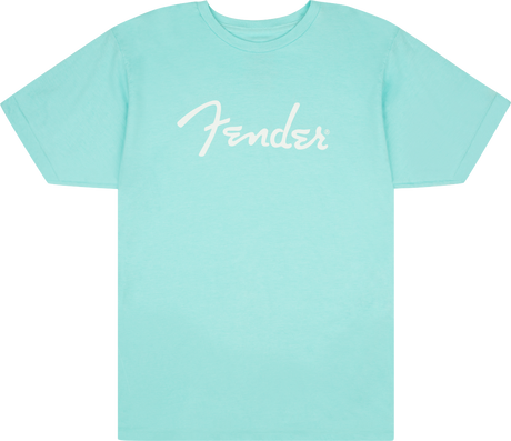 The image shows a light turquoise/mint green t-shirt with the "Fender" logo in white script across the chest. Fender is a renowned music brand known for iconic guitars like the Stratocaster and Telecaster, as well as basses and amplifiers. This branded apparel represents merchandise that promotes Fender among musicians and music fans.
