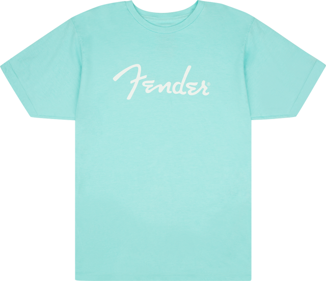 The image shows a light turquoise/mint green t-shirt with the "Fender" logo in white script across the chest. Fender is a renowned music brand known for iconic guitars like the Stratocaster and Telecaster, as well as basses and amplifiers. This branded apparel represents merchandise that promotes Fender among musicians and music fans.