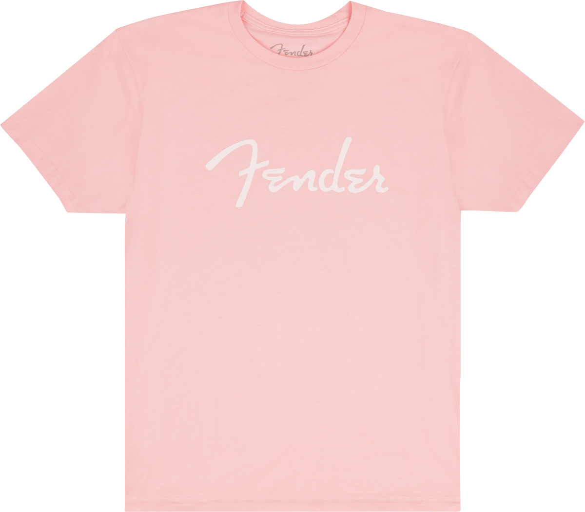 The image shows a pink/coral t-shirt with the white "Fender" logo prominently displayed across the front and a smaller logo at the neck tag. This branded apparel is from Fender, the iconic guitar and amplifier maker known for classic instruments like the Stratocaster and Telecaster, popular among musicians and fans since 1946.