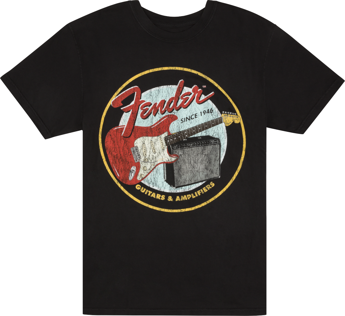 The image shows a black t-shirt with a vintage-style circular Fender logo. It features "Fender" in red script, "Since 1946," a red Stratocaster-style guitar, and a guitar amplifier. The bottom of the circle reads "GUITARS & AMPLIFIERS." This design highlights Fender's legacy as a leading maker of electric guitars and amplifiers.