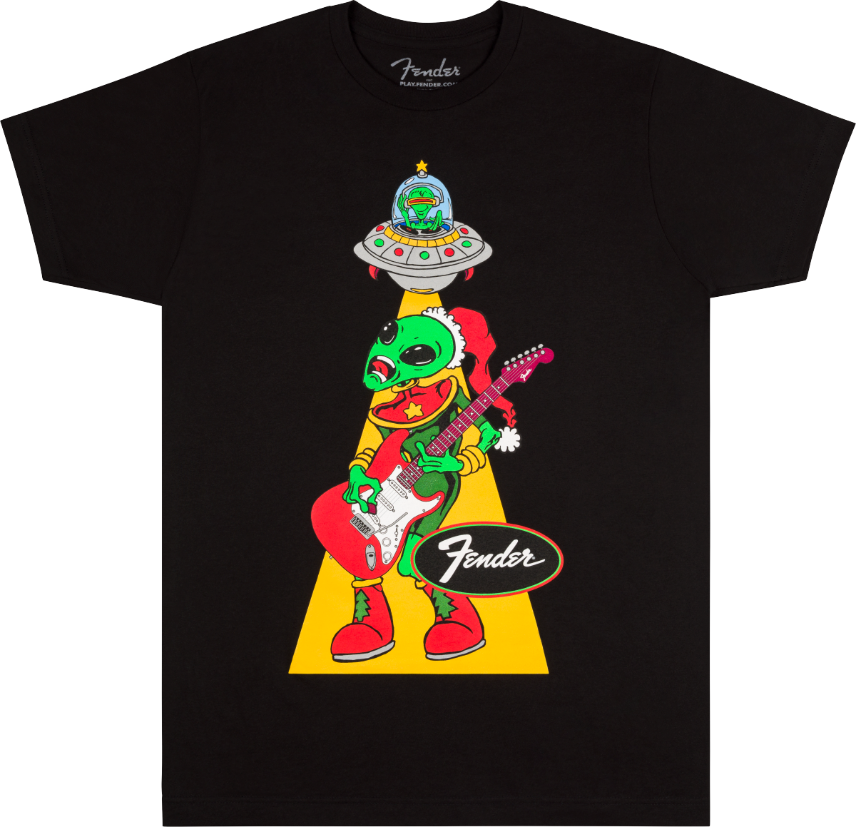 The image shows a black Fender t-shirt featuring a whimsical green alien wearing a Santa hat, playing a Fender Stratocaster guitar. The alien is being "abducted" by a UFO via a tractor beam. The classic Fender logo appears below the cartoon-style design. This playful, holiday-themed shirt combines Fender’s iconic guitar branding with sci-fi and festive elements, popular among musicians and guitar fans.