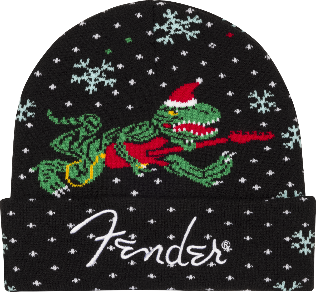 The image shows a black Fender winter beanie featuring the white "Fender" logo at the bottom. The hat displays a festive design with a green alligator wearing a red Santa hat and scarf, surrounded by white snowflakes. This seasonal accessory blends Fender's musical branding with holiday themes, appealing to fans who want to show their support while staying warm during winter.