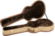 The image shows an open hard shell guitar case with a tan tweed exterior and brown leather trim. It features gold metal latches, a brown leather handle, and a guitar-shaped interior lined with dark plush velvet to protect the instrument. The vintage-style case offers sturdy protection, ideal for safely transporting acoustic or electric guitars, and complements classic or high-end instruments.