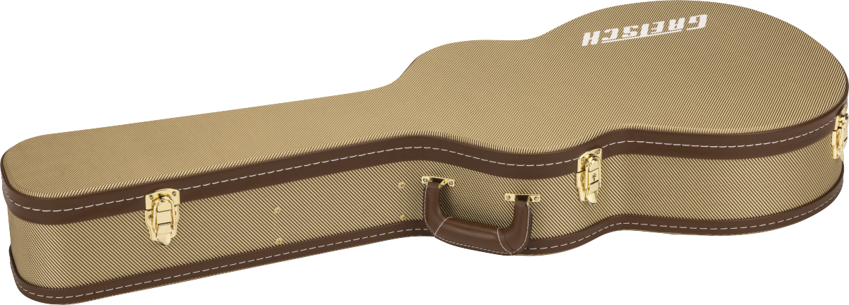 The image shows a hardshell acoustic guitar case with a tan tweed-textured exterior and brown leather trim. It features three gold metal latches and a brown leather handle on the side. The word "GUITAR" is embossed or printed on the top. The case is designed to provide a sturdy, form-fitting protection for an acoustic guitar during transport and storage.