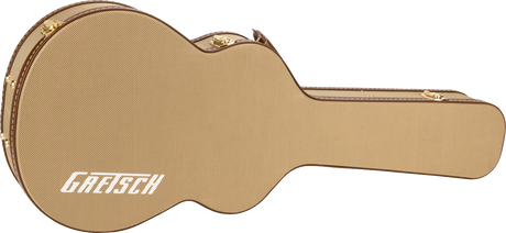 The image shows a high-quality hard case for an acoustic guitar with a tan tweed fabric exterior. It features a guitar-shaped profile, gold metal latches, hinges, and reinforced corners. The case is marked with the brand "FHARITI" and designed for strong protection during transport, combining vintage style with durable, professional-grade construction.