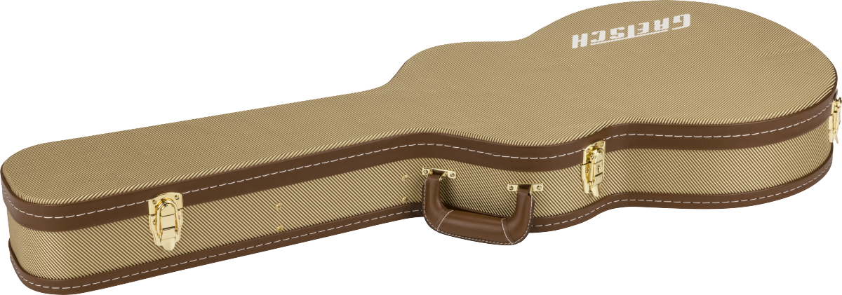 The image shows a hard-shell guitar case with a classic body shape, featuring a tan tweed-like exterior, brown leather trim, and stitching. It has gold metal latches and a brown leather handle. The "GRETSCH" branding is visible on the upper bout, indicating it’s likely made for Gretsch guitars. The case offers rigid protection for guitar transport and storage.