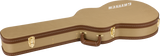 The image shows a hard-shell guitar case with a classic body shape, featuring a tan tweed-like exterior, brown leather trim, and stitching. It has gold metal latches and a brown leather handle. The "GRETSCH" branding is visible on the upper bout, indicating it’s likely made for Gretsch guitars. The case offers rigid protection for guitar transport and storage.