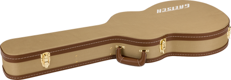 The image shows a hard-shell guitar case with a classic body shape, featuring a tan tweed-like exterior, brown leather trim, and stitching. It has gold metal latches and a brown leather handle. The "GRETSCH" branding is visible on the upper bout, indicating it’s likely made for Gretsch guitars. The case offers rigid protection for guitar transport and storage.