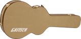 The image shows a hardshell guitar case with a classic tweed or tan woven fabric exterior, brown leather or vinyl binding, and gold-colored latches. It features the "GRETSCH" logo and a guitar-shaped design. This premium case is designed to protect and transport guitars, likely for Gretsch instruments, offering durable construction and high-quality hardware for secure storage and travel.