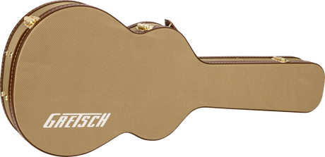 The image shows a hardshell guitar case with a classic tweed or tan woven fabric exterior, brown leather or vinyl binding, and gold-colored latches. It features the "GRETSCH" logo and a guitar-shaped design. This premium case is designed to protect and transport guitars, likely for Gretsch instruments, offering durable construction and high-quality hardware for secure storage and travel.