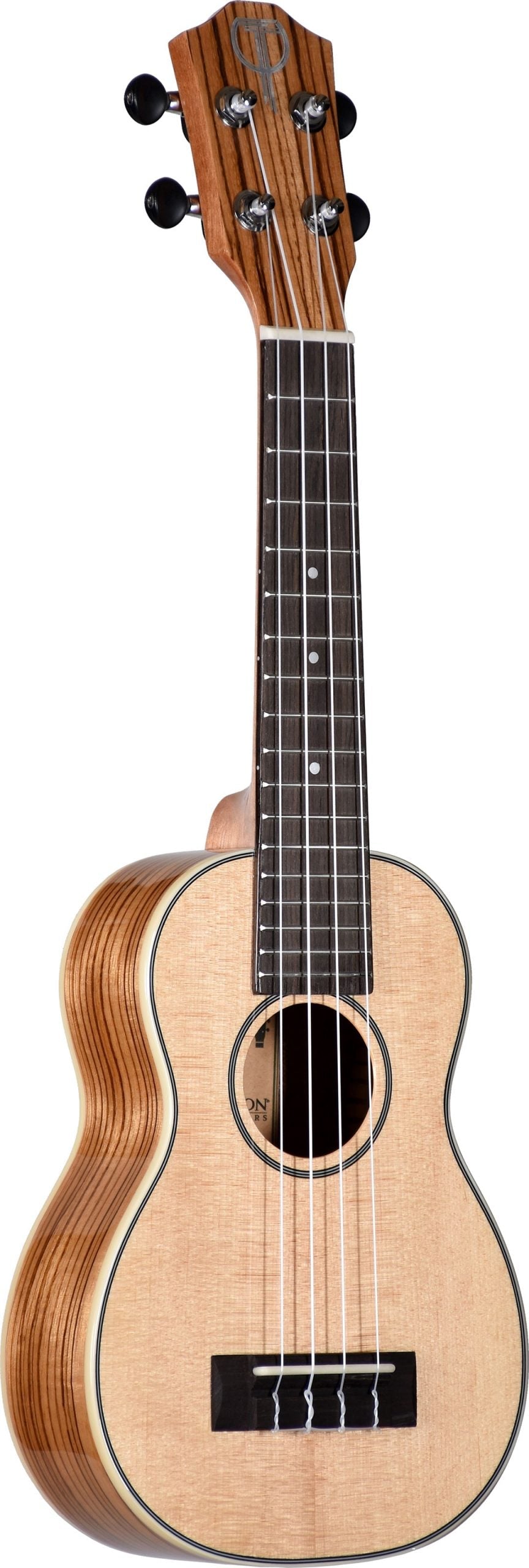 The image shows a concert or tenor-sized ukulele with a natural wood finish, featuring a light-colored spruce top, darker striped wood back and sides, and a rosewood fretboard with white markers. It has four nylon strings, black tuning pegs, a traditional figure-8 shape, and a small bridge. The craftsmanship highlights fine wood grain and detail, typical of this bright-sounding, four-stringed Hawaiian instrument.