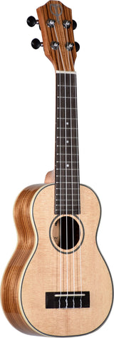 The image shows a concert or tenor-sized ukulele with a natural wood finish, featuring a light-colored spruce top, darker striped wood back and sides, and a rosewood fretboard with white markers. It has four nylon strings, black tuning pegs, a traditional figure-8 shape, and a small bridge. The craftsmanship highlights fine wood grain and detail, typical of this bright-sounding, four-stringed Hawaiian instrument.