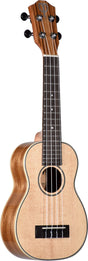 The image shows a concert or tenor-sized ukulele with a natural wood finish, featuring a light-colored spruce top, darker striped wood back and sides, and a rosewood fretboard with white markers. It has four nylon strings, black tuning pegs, a traditional figure-8 shape, and a small bridge. The craftsmanship highlights fine wood grain and detail, typical of this bright-sounding, four-stringed Hawaiian instrument.