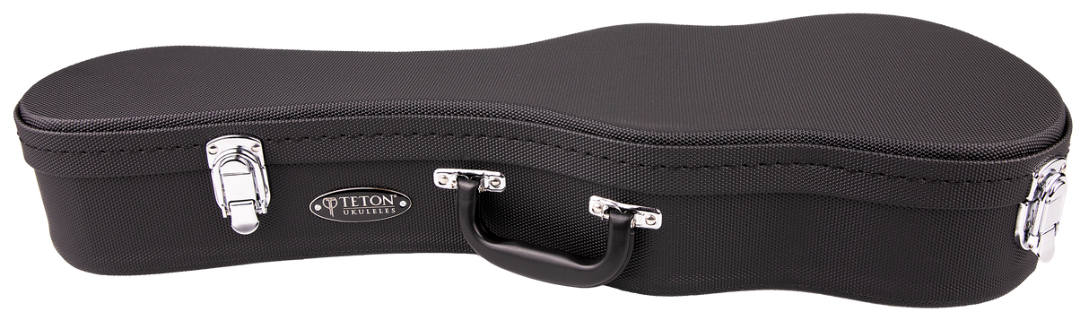 The image shows a black, textured ukulele case with a curved shape. It features silver metal latches, a central black handle, and an oval "TETON" logo with "UKULELES" below. The semi-hard case is designed to protect and transport a ukulele, reflecting Teton’s quality craftsmanship in acoustic string instrument cases.