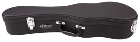 The image shows a black, textured ukulele case with a curved shape. It features silver metal latches, a central black handle, and an oval "TETON" logo with "UKULELES" below. The semi-hard case is designed to protect and transport a ukulele, reflecting Teton’s quality craftsmanship in acoustic string instrument cases.