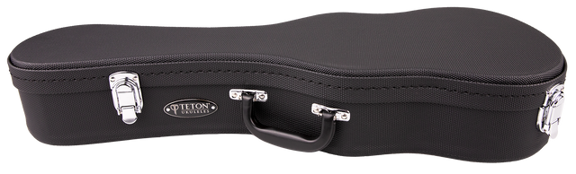 The image shows a black, textured ukulele case with a curved shape. It features silver metal latches, a central black handle, and an oval "TETON" logo with "UKULELES" below. The semi-hard case is designed to protect and transport a ukulele, reflecting Teton’s quality craftsmanship in acoustic string instrument cases.