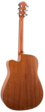 The image shows the back view of a wooden acoustic guitar with a warm brown finish highlighting natural grain patterns. Visible features include a headstock with six tuning pegs (3 per side), a long neck, a curved dreadnought-style body with decorative binding, and a glossy or semi-gloss finish. The guitar is shown against a white background, emphasizing its quality craftsmanship and wood construction.