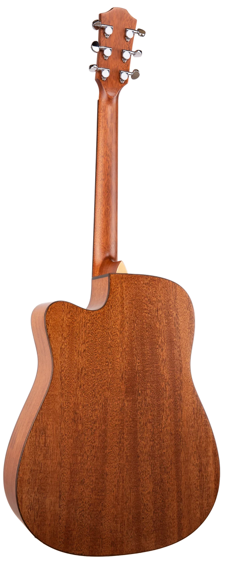 The image shows the back view of a wooden acoustic guitar with a warm brown finish highlighting natural grain patterns. Visible features include a headstock with six tuning pegs (3 per side), a long neck, a curved dreadnought-style body with decorative binding, and a glossy or semi-gloss finish. The guitar is shown against a white background, emphasizing its quality craftsmanship and wood construction.