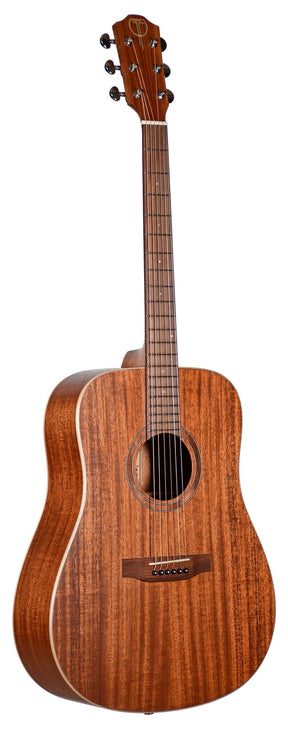 The image shows a beautiful acoustic guitar with a classic dreadnought body, rich wood finish, and visible grain patterns. It features six chrome tuning pegs, a decorative rosette around the sound hole, light-colored body binding, a wooden bridge with bone or plastic pins, steel strings, and a fretboard with dot position markers. The guitar appears to be mid-to-high quality, suitable for beginner to intermediate players, versatile across various musical styles.