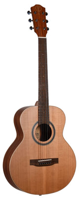 The image shows a steel-string acoustic guitar with a natural wood finish featuring a light top and darker back and sides. It has a dark wooden neck and fretboard with white dot markers, six steel strings, a decorative rosette around the sound hole, chrome tuning pegs, and white bridge pins. The headstock and sound hole display branding. The guitar has a traditional dreadnought shape, suitable for various musical styles.