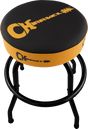 The image shows a round, padded guitar stool with a black cushion featuring the Charvel logo in orange-yellow lettering. It has a matching orange-yellow band around the seat edge and black metal legs typical of guitar stools. Charvel is a well-known electric guitar brand, and this stool provides comfortable seating for guitarists during practice or performance.