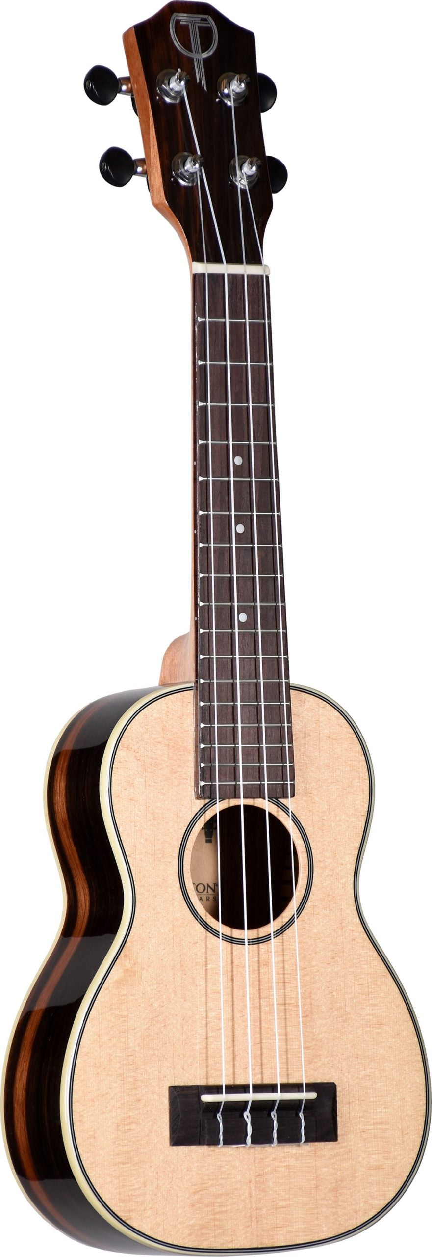 The image shows a soprano or concert ukulele with a natural light wood top and darker wood back and sides. It has a round soundhole with decorative rosette, a dark wood neck and fretboard with white dot markers, and a matching headstock featuring black tuning pegs (2x2). The black bridge has white pins, and decorative binding outlines the body. The ukulele features traditional construction and a quality finish.