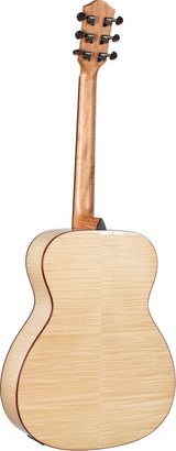 The image shows the back of a steel-string acoustic guitar with a natural wood finish and visible grain on the body and neck. It has a classic curved body shape with reddish-brown binding around the edges. The headstock features six black-tipped tuning pegs arranged in a 3+3 layout. The neck is smooth and polished, and the guitar appears well-crafted with clean lines and professional finishing.