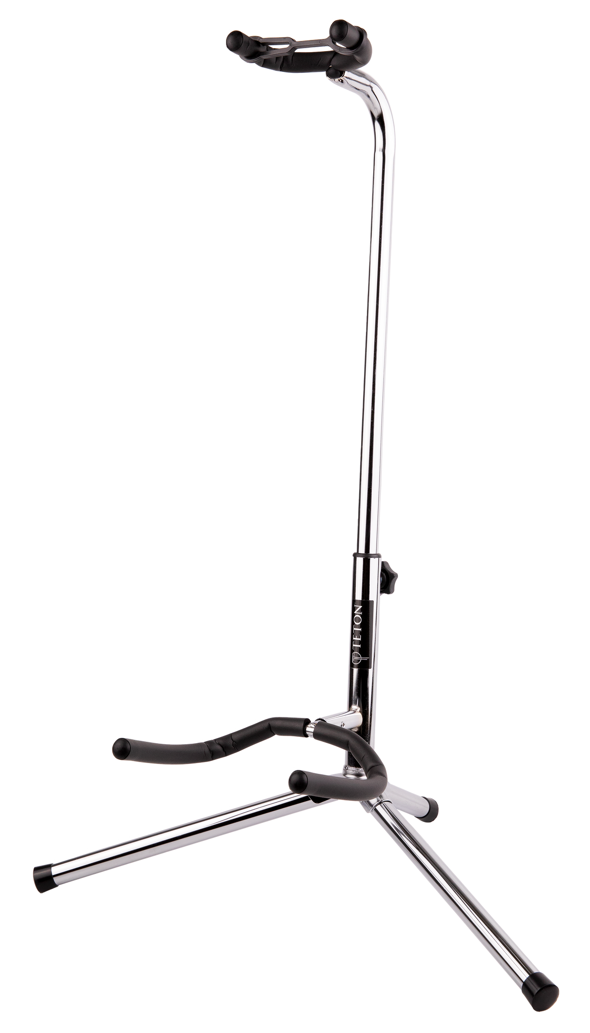 The image shows a tripod-style guitar stand with a chrome frame and three legs for stability. It has black protective padding on all contact points to prevent scratches, an adjustable upper yoke for the guitar body, and a lower arm supporting the neck. The "LIFTON" brand name is visible on the vertical tube. This compact, stable stand securely holds electric or acoustic guitars for convenient storage and display.