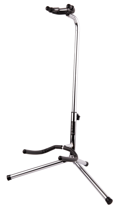 The image shows a tripod-style guitar stand with a chrome frame and three legs for stability. It has black protective padding on all contact points to prevent scratches, an adjustable upper yoke for the guitar body, and a lower arm supporting the neck. The "LIFTON" brand name is visible on the vertical tube. This compact, stable stand securely holds electric or acoustic guitars for convenient storage and display.