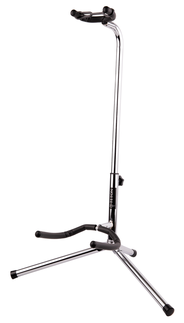 The image shows a tripod-style guitar stand with a chrome frame and three legs for stability. It has black protective padding on all contact points to prevent scratches, an adjustable upper yoke for the guitar body, and a lower arm supporting the neck. The "LIFTON" brand name is visible on the vertical tube. This compact, stable stand securely holds electric or acoustic guitars for convenient storage and display.
