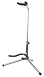 The image shows a tripod-style guitar stand with a chrome frame and three legs for stability. It has black protective padding on all contact points to prevent scratches, an adjustable upper yoke for the guitar body, and a lower arm supporting the neck. The "LIFTON" brand name is visible on the vertical tube. This compact, stable stand securely holds electric or acoustic guitars for convenient storage and display.