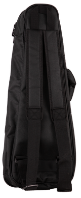 The image shows a black, durable gig bag designed to carry and protect a string instrument, likely a violin, viola, or small guitar. It features padded protection, heavy-duty zippers, external pockets for accessories, and multiple carrying options including backpack straps and a top handle. This lightweight, portable case is ideal for musicians needing safe, hands-free transport of their instrument.