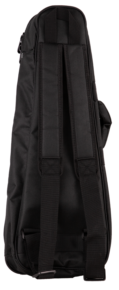 The image shows a black, durable gig bag designed to carry and protect a string instrument, likely a violin, viola, or small guitar. It features padded protection, heavy-duty zippers, external pockets for accessories, and multiple carrying options including backpack straps and a top handle. This lightweight, portable case is ideal for musicians needing safe, hands-free transport of their instrument.