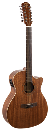 The image shows a 12-string acoustic guitar with a natural wood finish and a cutaway body. It features two rows of tuning pegs on the headstock for its paired strings, producing a richer tone than a 6-string guitar. The cutaway allows easier access to higher frets, and an electronic control panel on the side indicates built-in electronics for amplification.