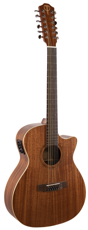 The image shows a 12-string acoustic guitar with a natural wood finish and a cutaway body. It features two rows of tuning pegs on the headstock for its paired strings, producing a richer tone than a 6-string guitar. The cutaway allows easier access to higher frets, and an electronic control panel on the side indicates built-in electronics for amplification.