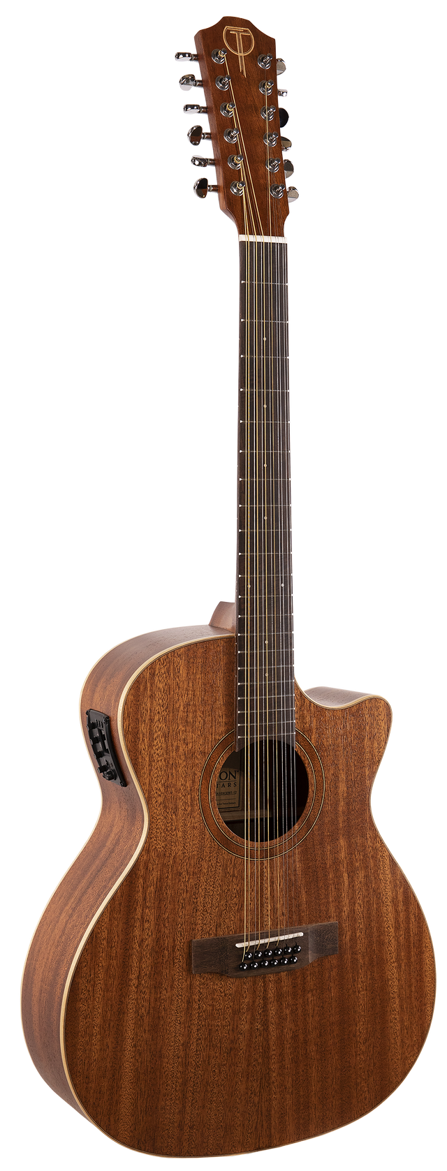 The image shows a 12-string acoustic guitar with a natural wood finish and a cutaway body. It features two rows of tuning pegs on the headstock for its paired strings, producing a richer tone than a 6-string guitar. The cutaway allows easier access to higher frets, and an electronic control panel on the side indicates built-in electronics for amplification.