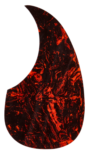 The image shows a teardrop-shaped guitar pickguard designed for acoustic guitars, featuring a marbled tortoiseshell pattern in dark red, orange, and black. Made from a durable synthetic material, it protects the guitar’s finish from scratches while adding a bold, flame-like visual appeal that complements most guitar finishes.