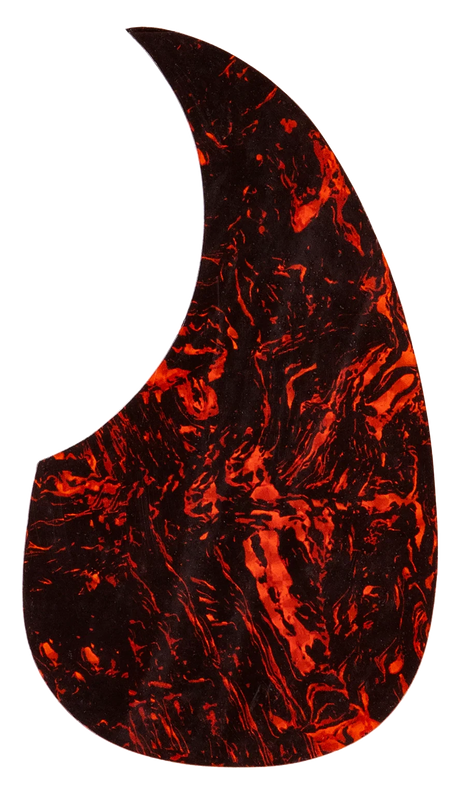 The image shows a teardrop-shaped guitar pickguard designed for acoustic guitars, featuring a marbled tortoiseshell pattern in dark red, orange, and black. Made from a durable synthetic material, it protects the guitar’s finish from scratches while adding a bold, flame-like visual appeal that complements most guitar finishes.